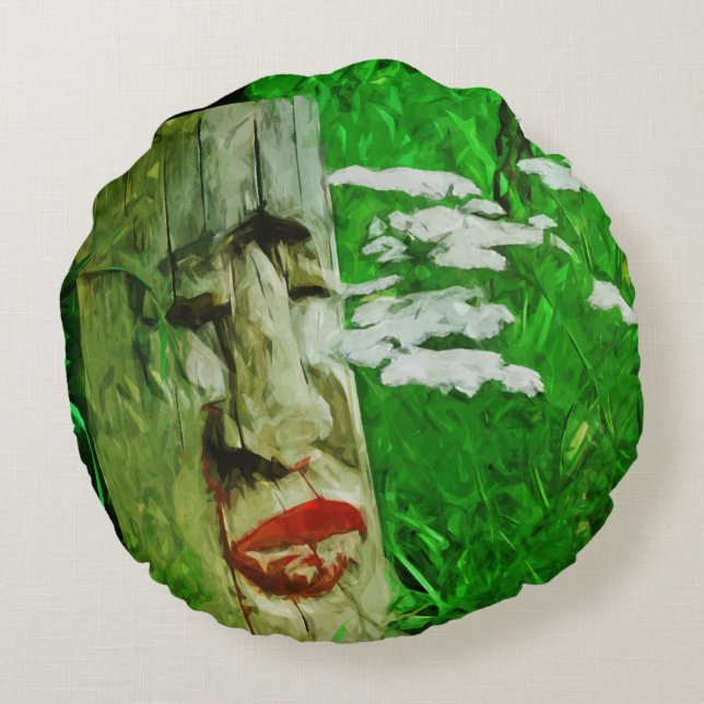 Red Lipped American Indian Totem Among Wildflowers Round Pillow (Back)