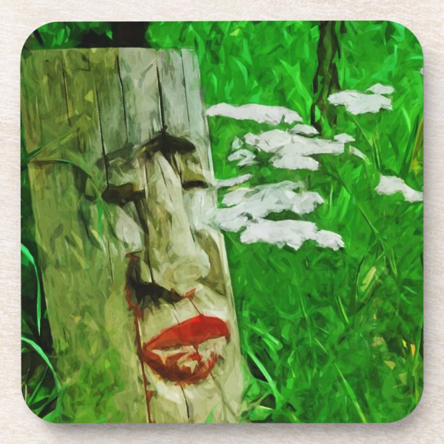 Red Lipped Totem Among Flowers Abstract Beverage Coaster (Front)