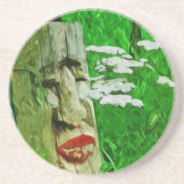 Red Lipped Totem Among Flowers Abstract Drink Coaster (Front)