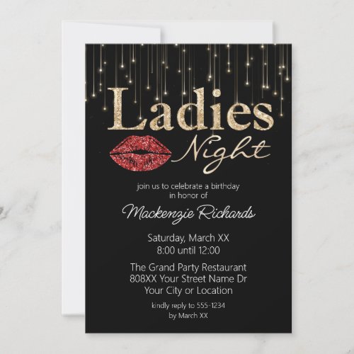 Red Lips and Gold Glitter Ladies Night Invitation