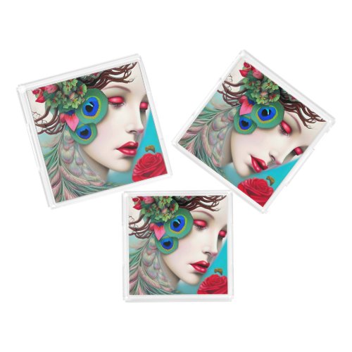 Red Lips and Roses Peacock Abstract  Acrylic Tray