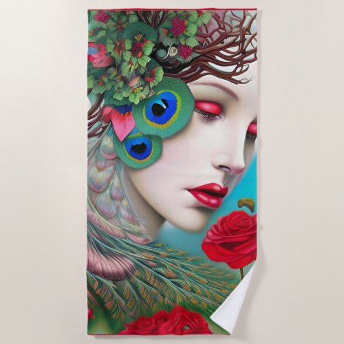 Red Lips and Roses Peacock Abstract Beach Towel