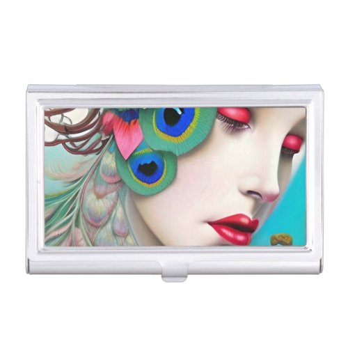 Red Lips and Roses Peacock Abstract   Business Card Case