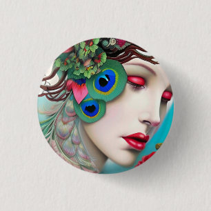 Red Lips and Roses Peacock Abstract Button