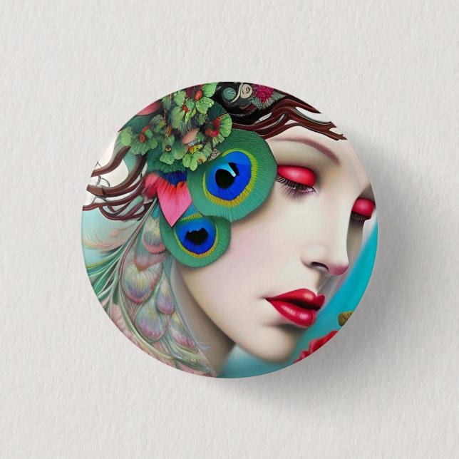 Red Lips and Roses Peacock Abstract Button (Front)
