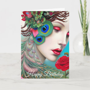 Red Lips and Roses Peacock Abstract Card