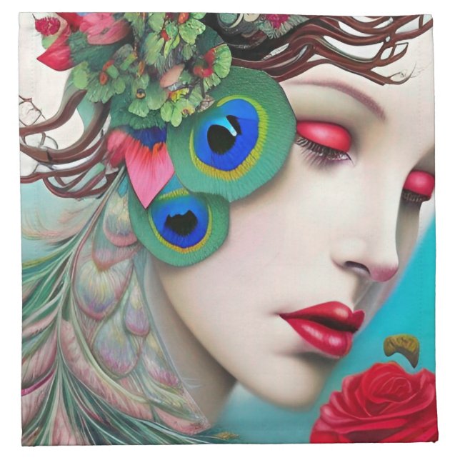 Red Lips and Roses Peacock Abstract   Cloth Napkin (Front)