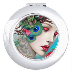 Red Lips and Roses Peacock Abstract  Compact Mirror