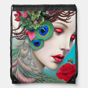 Red Lips and Roses Peacock Abstract Drawstring Bag