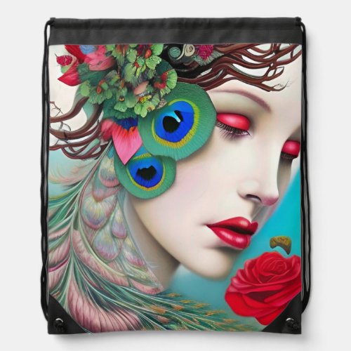Red Lips and Roses Peacock Abstract   Drawstring Bag