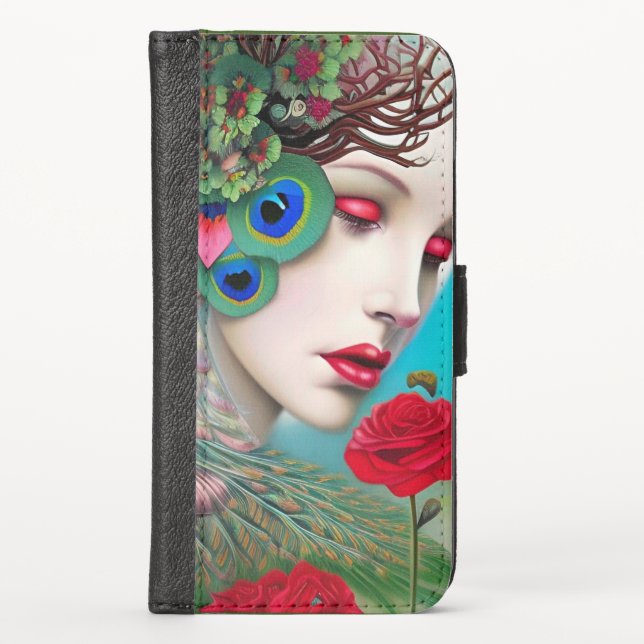 Red Lips and Roses Peacock Abstract   iPhone Wallet Case (Front)