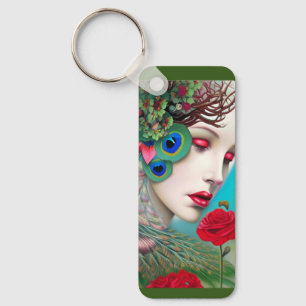 Red Lips and Roses Peacock Abstract Keychain