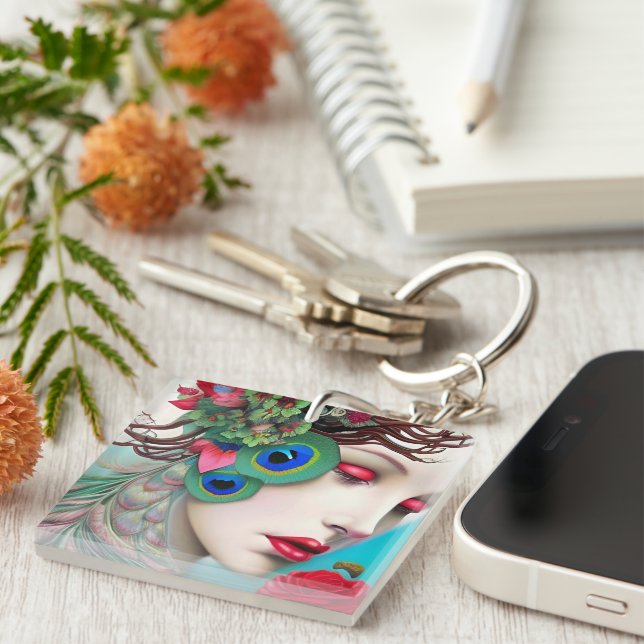 Red Lips and Roses Peacock Abstract  Keychain (Front Right)