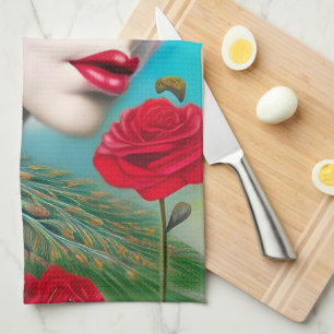 Red Lips and Roses Peacock Abstract Kitchen Towel