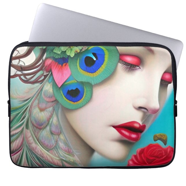 Red Lips and Roses Peacock Abstract   Laptop Sleeve (Front)