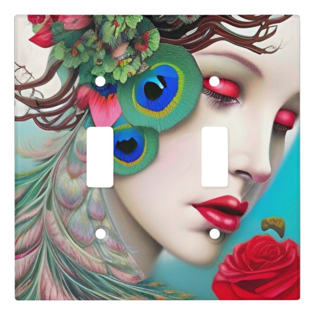 Red Lips and Roses Peacock Abstract   Light Switch Cover (Front)