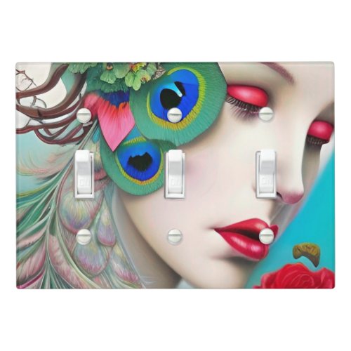 Red Lips and Roses Peacock Abstract   Light Switch Cover