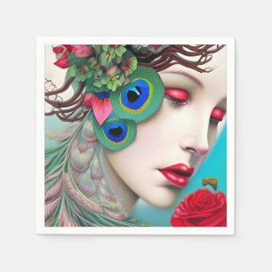 Red Lips and Roses Peacock Abstract Napkins