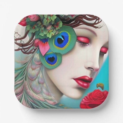 Red Lips and Roses Peacock Abstract   Paper Plates