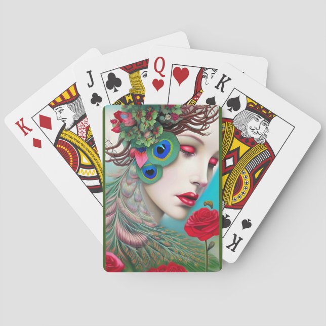Red Lips and Roses Peacock Abstract  Poker Cards (Back)