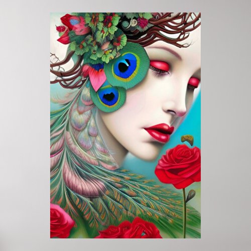 Red Lips and Roses Peacock Abstract  Poster
