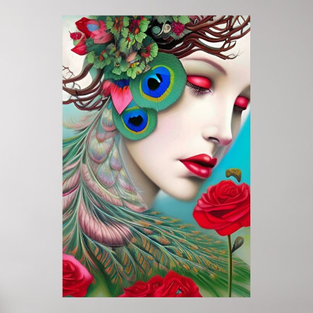 Red Lips and Roses Peacock Abstract  Poster (Front)