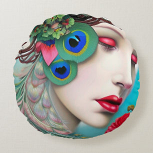 Red Lips and Roses Peacock Abstract Round Pillow