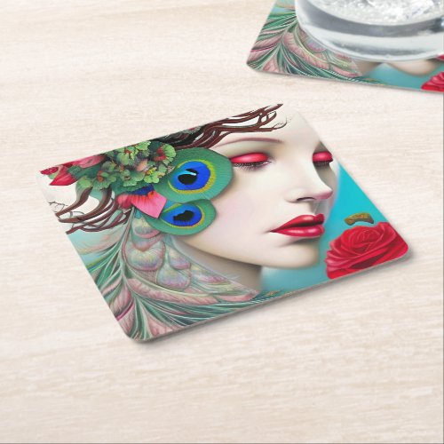 Red Lips and Roses Peacock Abstract  Square Paper Coaster