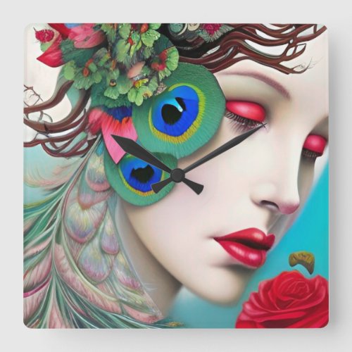 Red Lips and Roses Peacock Abstract Square Wall Clock