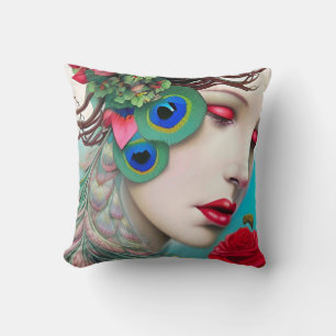 Red Lips and Roses Peacock Abstract Throw Pillow
