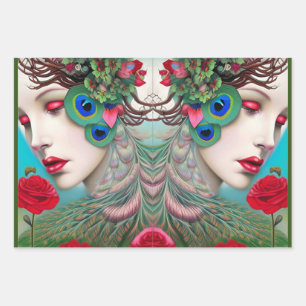 Red Lips and Roses Peacock Abstract Wrapping Paper Sheets