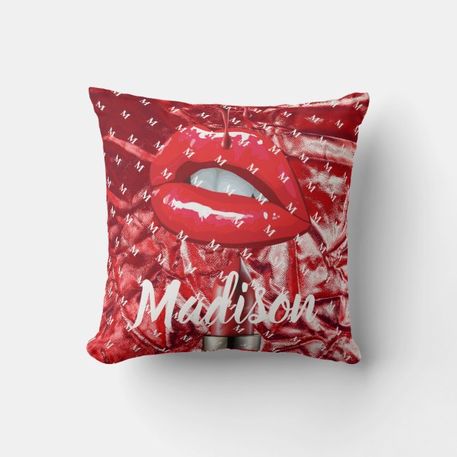 Red Lips Beauty Makeup Girl Custom Personalized Throw Pillow (Front)