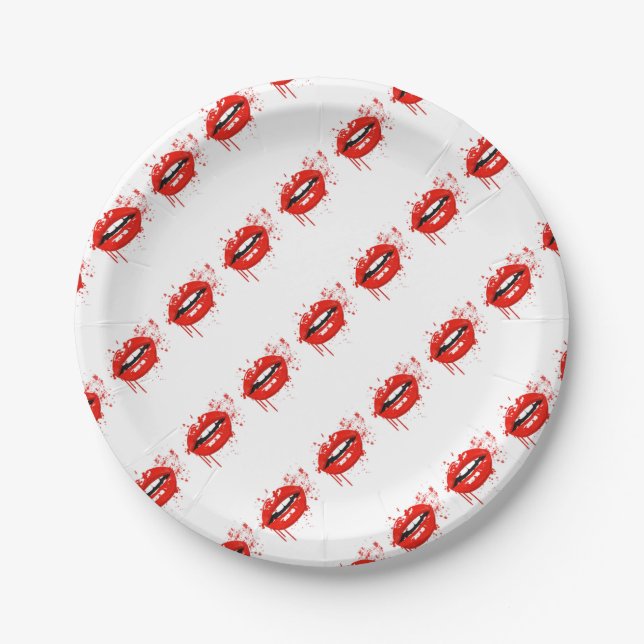 Red lips beauty makeup kiss glamour paper plates (Front)