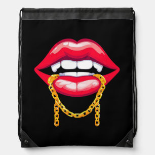 Red Lips Biting a Stylish Golden Chain Drawstring Bag