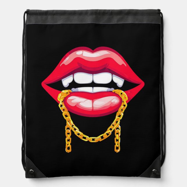 Red Lips Biting a Stylish Golden Chain Drawstring Bag (Front)