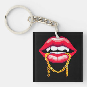 Red Lips Biting a Stylish Golden Chain Keychain