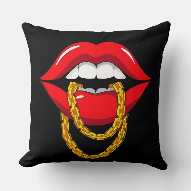 Red Lips Biting a Stylish Golden Chain Throw Pillow (Front)