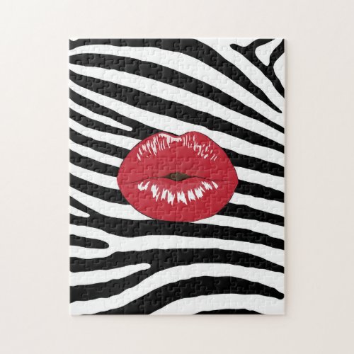 Red Lips Black and White Zebra Jigsaw Puzzle