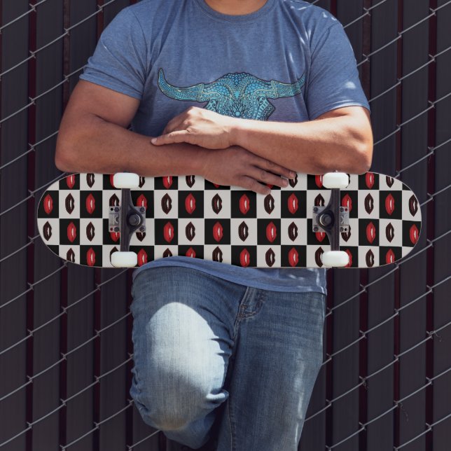 Red Lips Black Checkerboard Retro Vibes Skateboard (Outdoor 3)