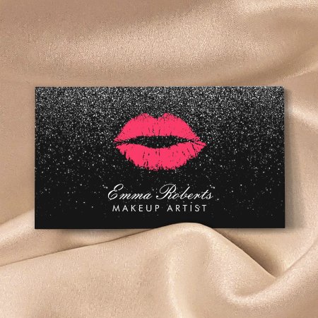 Red Lips Black Glitter Modern Beauty Salon Business Card