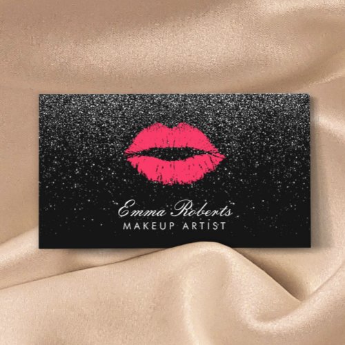 Red Lips Black Glitter Modern Beauty Salon Business Card