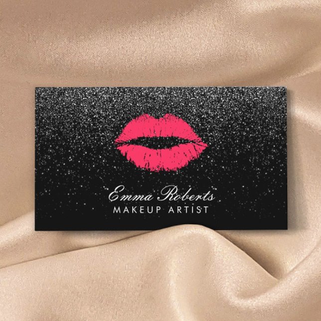 Red Lips Black Glitter Modern Beauty Salon Business Card (Creator Uploaded)