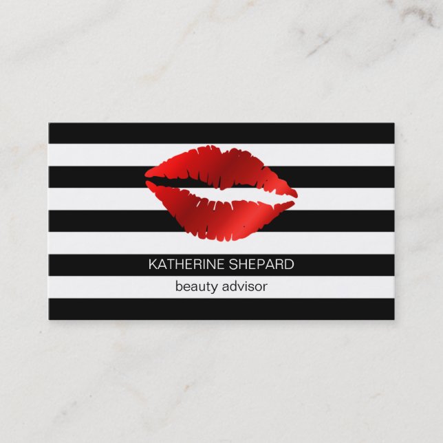 Red Lips Black & White Stripes Makeup Beauty Business Card (Front)