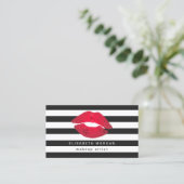 Red Lips Black White Stripes Modern Makeup Artist Business Card (Standing Front)