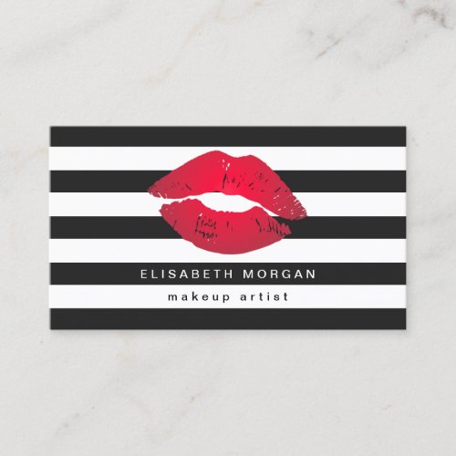 Red Lips Black White Stripes Modern Makeup Artist Business Card