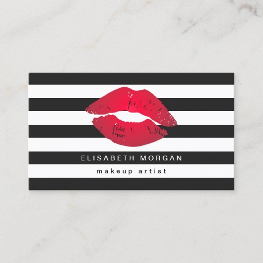 Customizable Red Lips Black White Stripes Modern Makeup Artist Double-Sided Standard Business Cards (Pack Of 100)