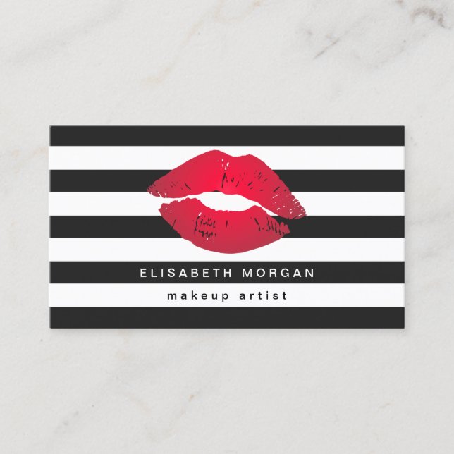 Red Lips Black White Stripes Modern Makeup Artist Business Card (Front)