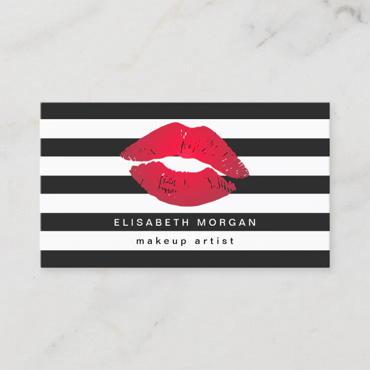 Red Lips Black White Stripes Modern Makeup Artist Business Card Zazzle