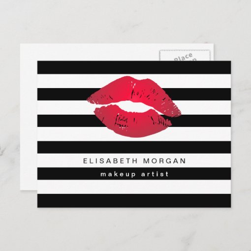 Red Lips Black White Stripes Modern Makeup Artist Postcard Zazzle