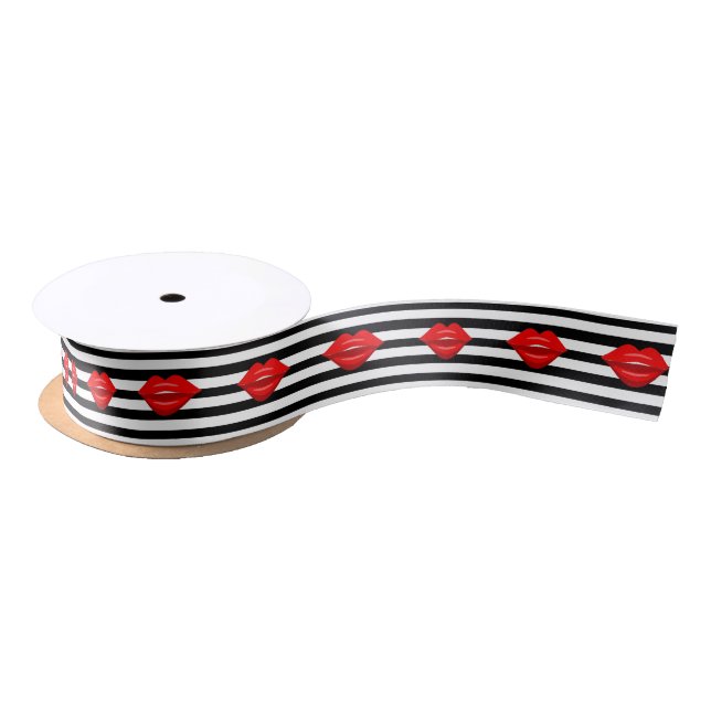 Red lips black white stripes ribbon (Spool)